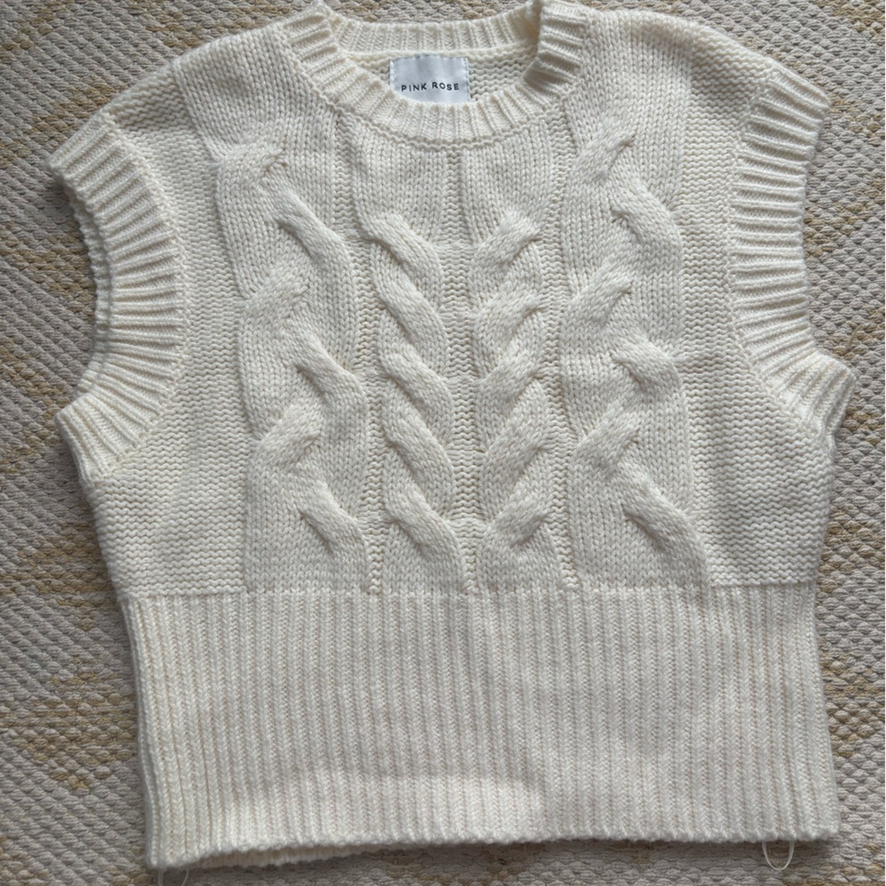 Pink Rose Cream Crew Neck Cable Knit Sweater